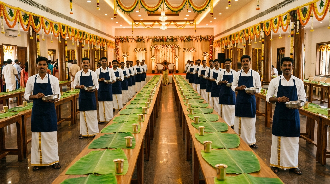 Traditional South Indian wedding banquet hall with fresh banana leaf service and catering team