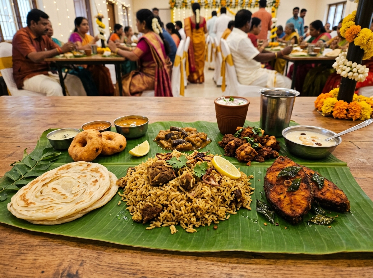 Authentic South Indian wedding feast served on green banana leaf