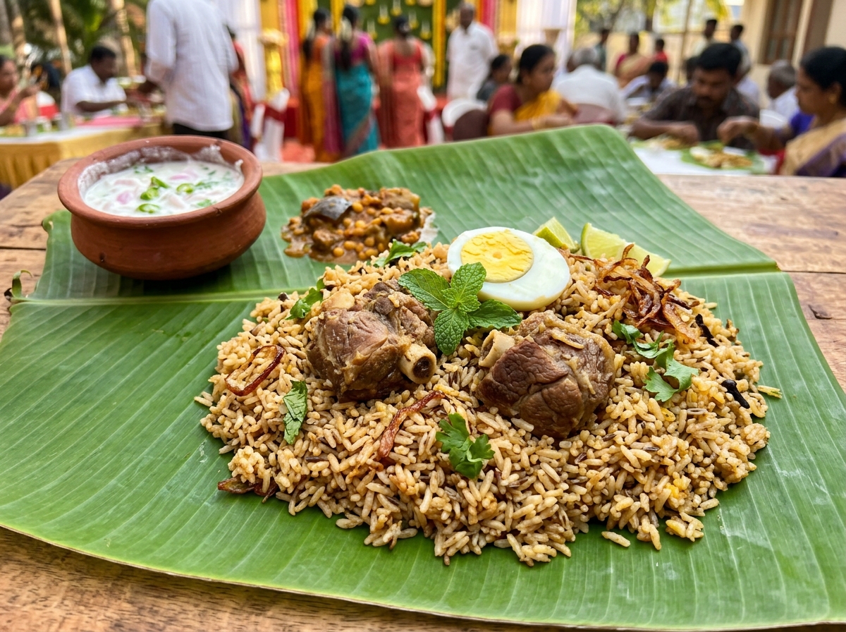Authentic South Indian wedding Seeraga Samba Mutton Biryani served hot on fresh green banana leaf with clay pot raita